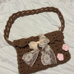 Handmade Brown Crochet Mini Bag with Lace Bow and Pink Flower Accents